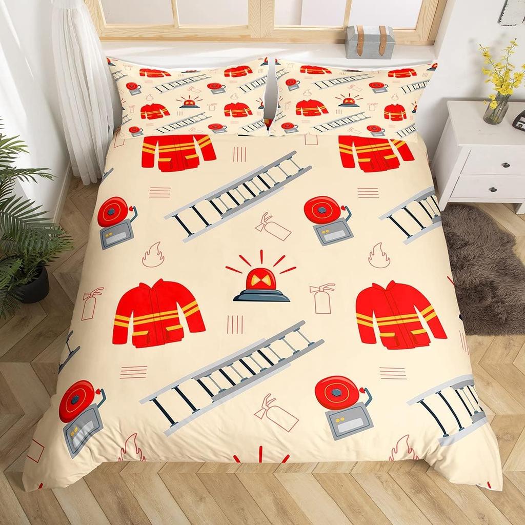 Fire Truck Duvet Cover Twin Queen Size,Kids Cute Car Road Traffic Print Comforter Cover Cartoon City Map Firefighter Bedding Set