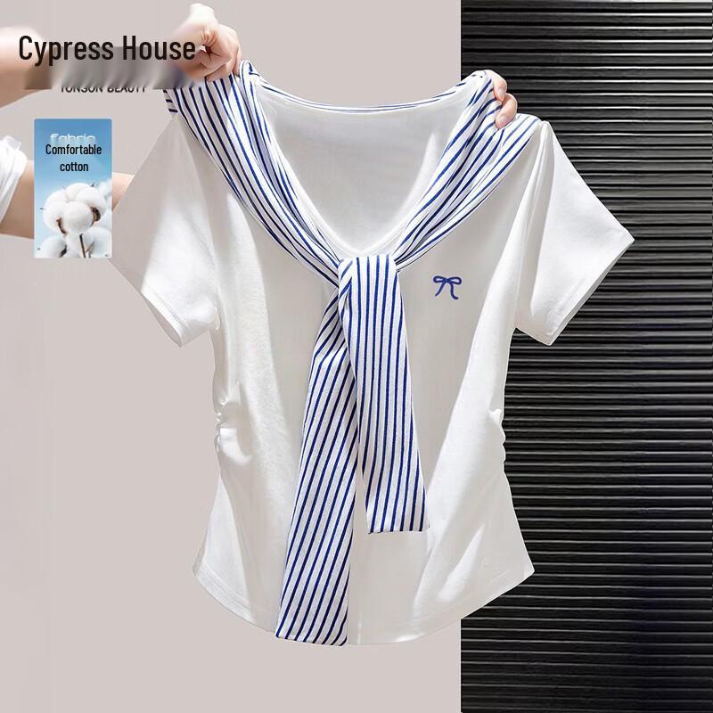Sibaishi Women's V-Neck Faux Two-Piece Patchwork T-Shirt