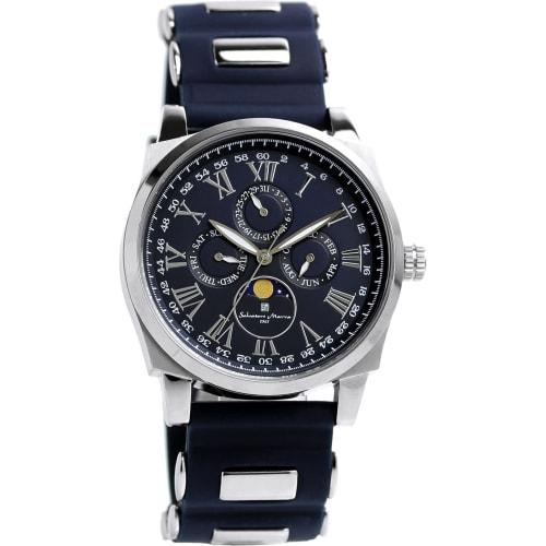 Salvatore Mara Watch Moon Phase Multi Calendar 5 ATM Water Resistant Business Formal Men's Rubber Belt Limited Model Blue Silver SM22105R-SSBL