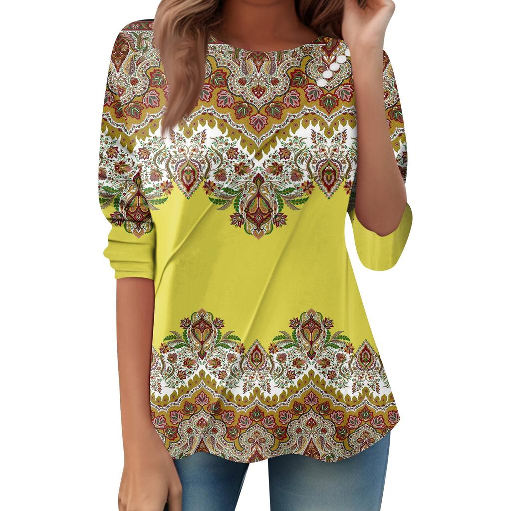 Women's Loose Casual Long Sleeve Top Round Neck Button Pull Stripe Prints T Shirt