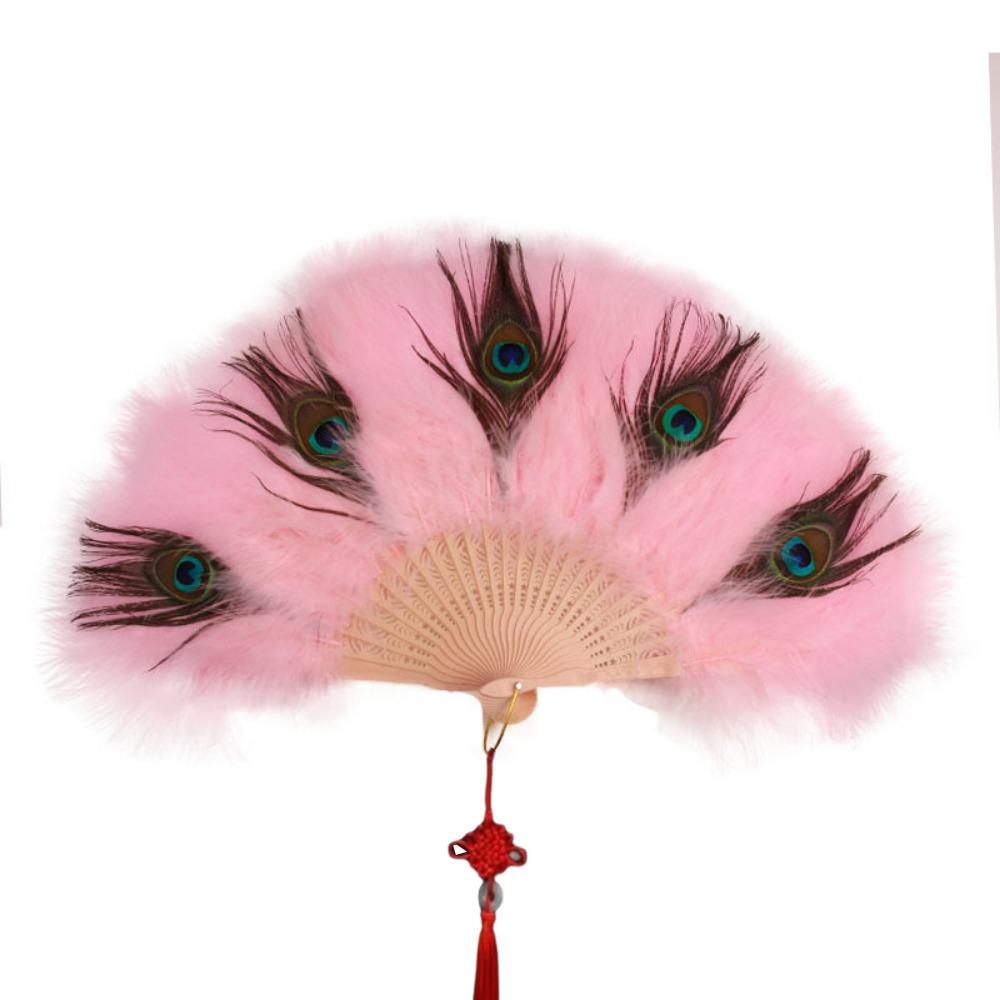 Handheld Peacock Feather Fan With Tassel Feather Dance Fan Elegant Folding Hand Fan Home