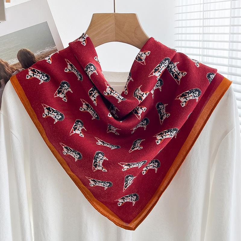 Women's French Red Cotton Silk Blend Scarf – 70CM Neck and Headscarf, Spring/Autumn Fashion Accessory
