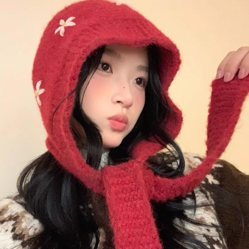 Embroidered Flowers Knitted Balaclava Hat Sweet Pullover Cap Casual Neck Collar Beanies Cap Female