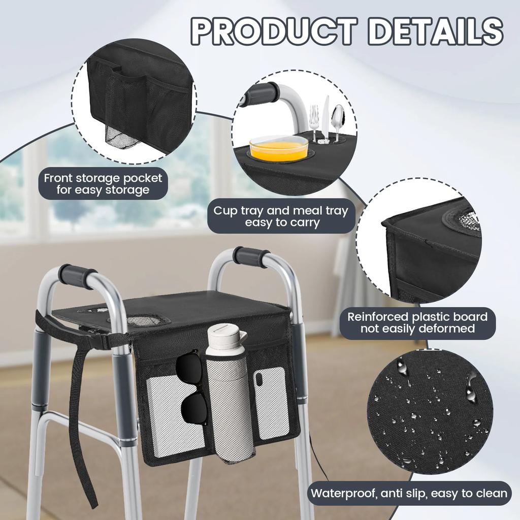 Складной столик-поднос для ходунков с подстаканником, много карманов, сумка для хранения роллатора, обеденная тарелка для пожилых, подарок