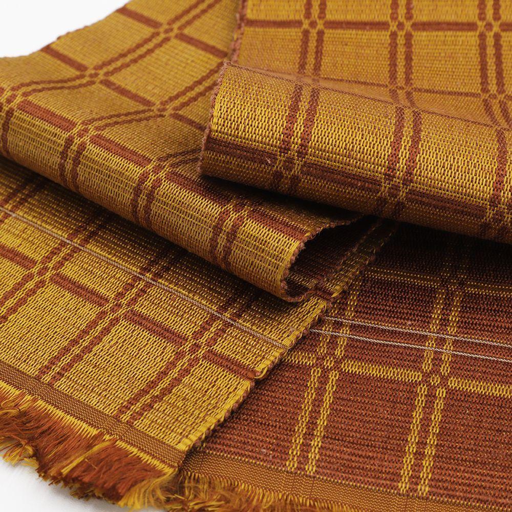 Used Half-width obi Authentic Kihachijo pure silk lattice yellow brown birch brown brown new and used casual No.i6-2308