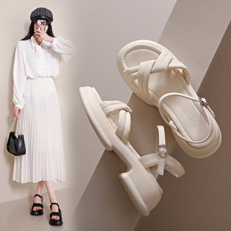 Сандалии женские летние новые повседневные с пряжкой из одного слова на толстой подошве простые однотонные женские туфли на толстом каблуке пляжная обувь Fairy Wind