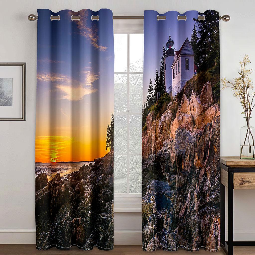 Солнцезащитный занавес с изображением морского заката и пейзажного узора, 2 предмета для гостиной, спальни, украшения дома, пирсинг, Ху