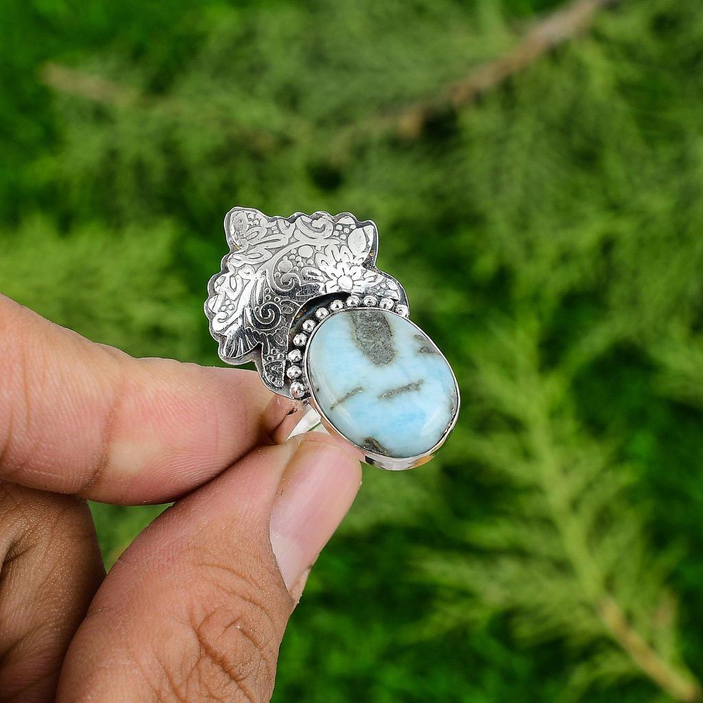 Throat Chakra Natural Larimar Sterling Silver Daughter New Solitaire Trendy Ring