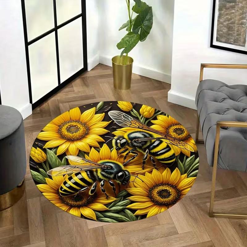 Sunflower Design Round Floor Mat Black Base Bright Bloom Pattern Non Slip Circle Carpet for Bedroom Living Room Indoor Use