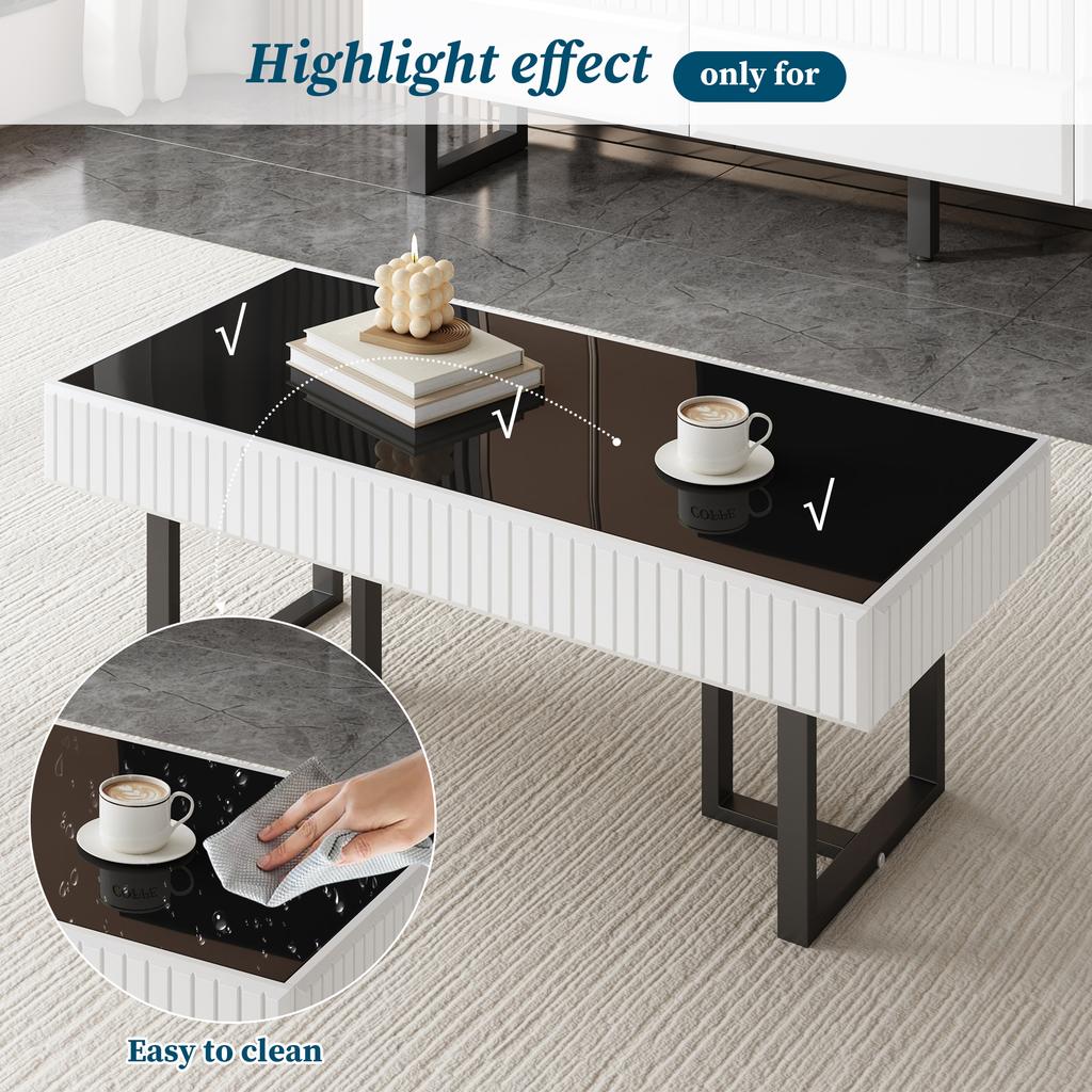 Modern Classic Coffee Table in Black-White, Living Room Table, High-Gloss Black Tabletop. 110 L x 50.5 W x 41 H(cm)
