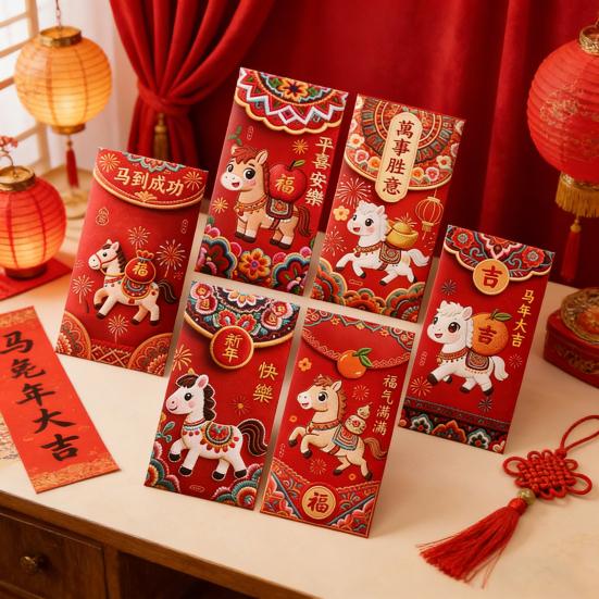 6Pcs Red Envelope Bag Thick Coated Paper with 3D Embossed Year of The Horse 2026 Design Traditional Chinese Red Packet
