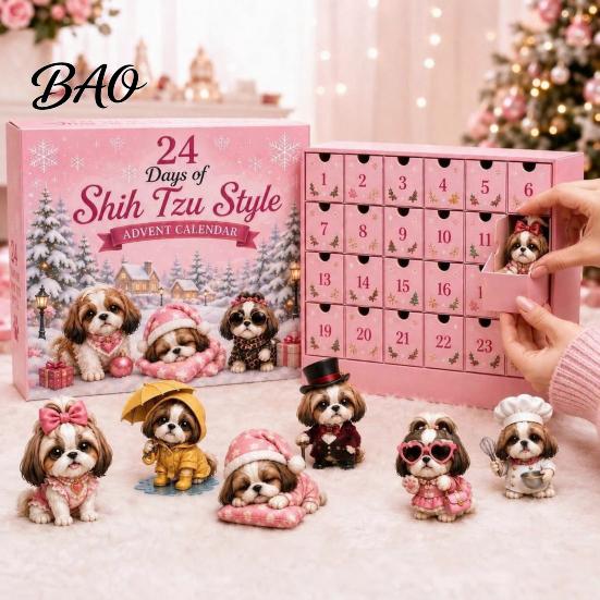 Plastic Christmas Ornament Shih Tzu Advent Calendar, 24-Day Countdown Toy Set with Mini Dog Children Box Figures, Tree Hanging Decor, Gift for Lovers
