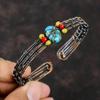Медно-голубой бирюзовый браслет-манжета с желтыми и красными коралловыми бусинами, браслет из медной проволоки, регулируемый браслет-манжета с драгоценными камнями
