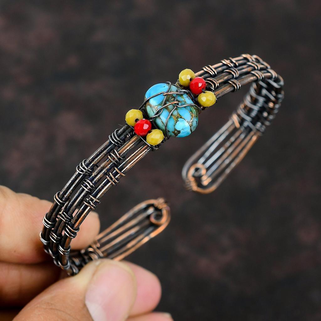 Медно-голубой бирюзовый браслет-манжета с желтыми и красными коралловыми бусинами, браслет из медной проволоки, регулируемый браслет-манжета с драгоценными камнями