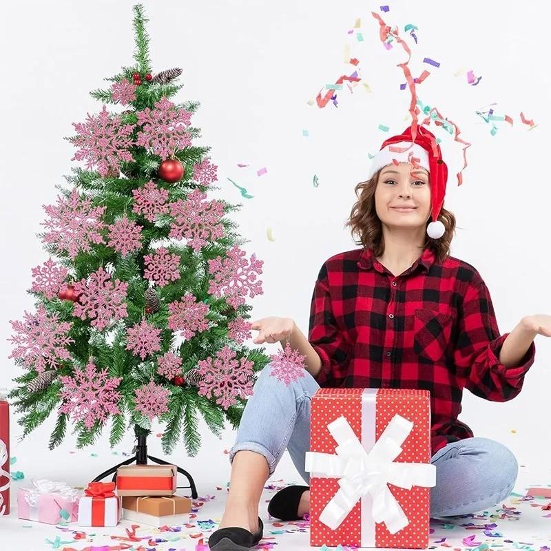 12Pcs/set Pink Glitter Snowflake Ornaments Christmas Decoration Hanging Xmas Tree Pendant for Home Decor Winter Party Supplies