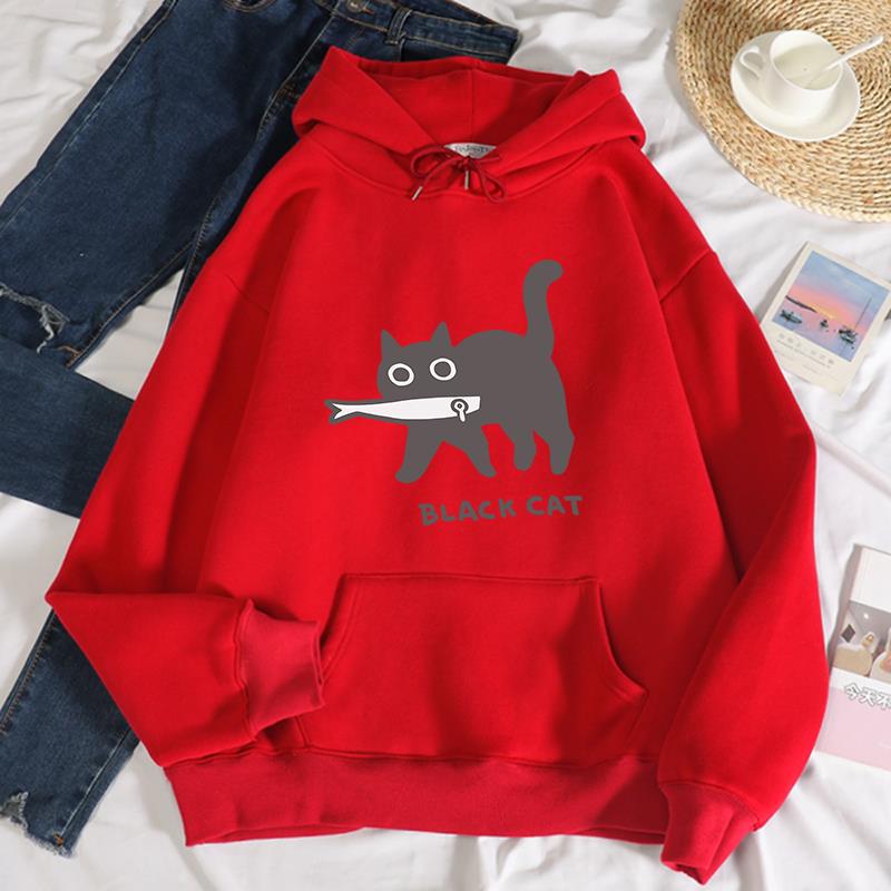 Casual Women's Hoodie Black Cat Eating Fish Printed Sweatshirt Breathable Loose Warm Pullover 2025 Autumn and Winter Streetwear
