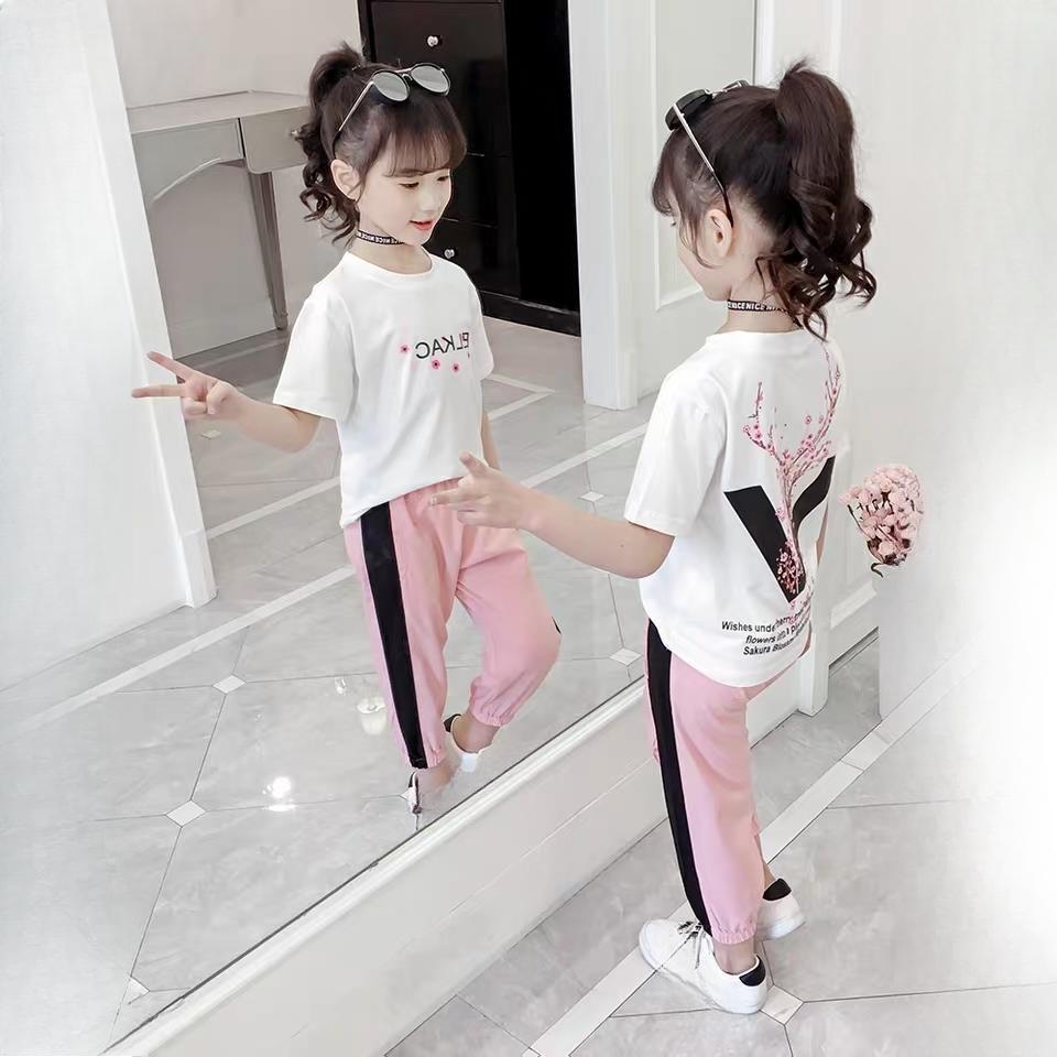 Одежда для девочек, детский спортивный костюм, спортивный костюм для подростков, свободная футболка с цветочным принтом, топы + брюки с завязками на щиколотке, в полоску, 10, 11, 12, 14, 15 лет