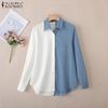 Women Casual Turn Down Collar Loose Long Sleeve Patchwork Blouse