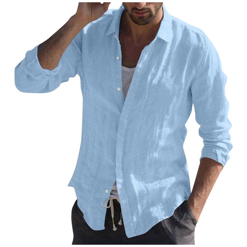 Мужская рубашка с воротником-стойкой, пляжная повседневная однотонная дышащая футболка с длинным рукавом, блузка