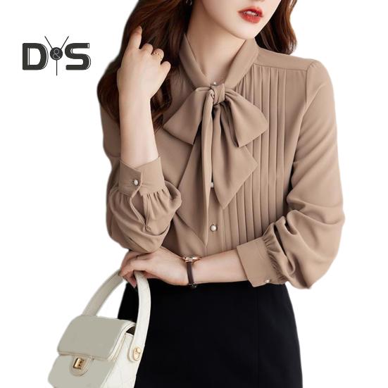 Женская рубашка со стоячим воротником, шнуровкой, бантом, длинным рукавом, плиссированный пуловер, однотонная свободная шифоновая блузка