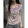 Осенняя мода серый фиолетовый короткий рукав футболка женская американский дизайн Sense V-образный вырез Y2k одежда женский ретро уникальный утягивающий топ