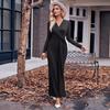 Autumn And Winter Women's Casual V-Neck Solid Color Twisted Waist Long Sleeved Dress