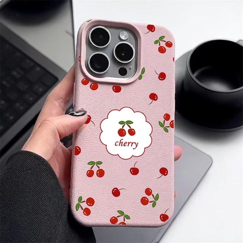 Чехол из мягкой противоударной матовой кожи с вишневым узором для iPhone 16 Pro 15 14 13 12 Pro Max 11
