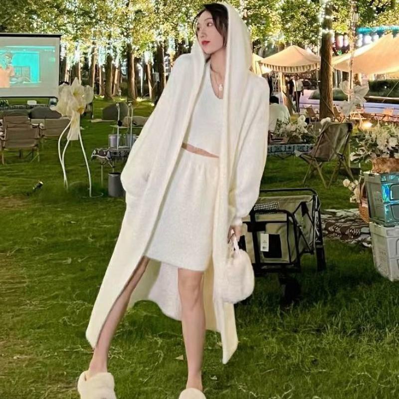 Модный длинный кардиган с капюшоном для женщин, вязаный с длинным рукавом, зимняя одежда в корейском стиле, трикотаж с длинным рукавом, осень, розовый