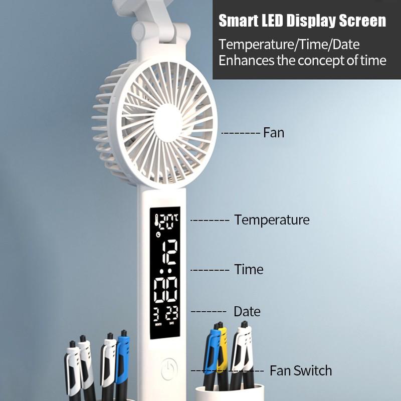 3 в 1 лампа для чтения с защитой глаз, мини-вентилятор, ящик для хранения канцелярских принадлежностей, дисплей температуры/времени/даты, без мерцания, настольный светильник для учебы