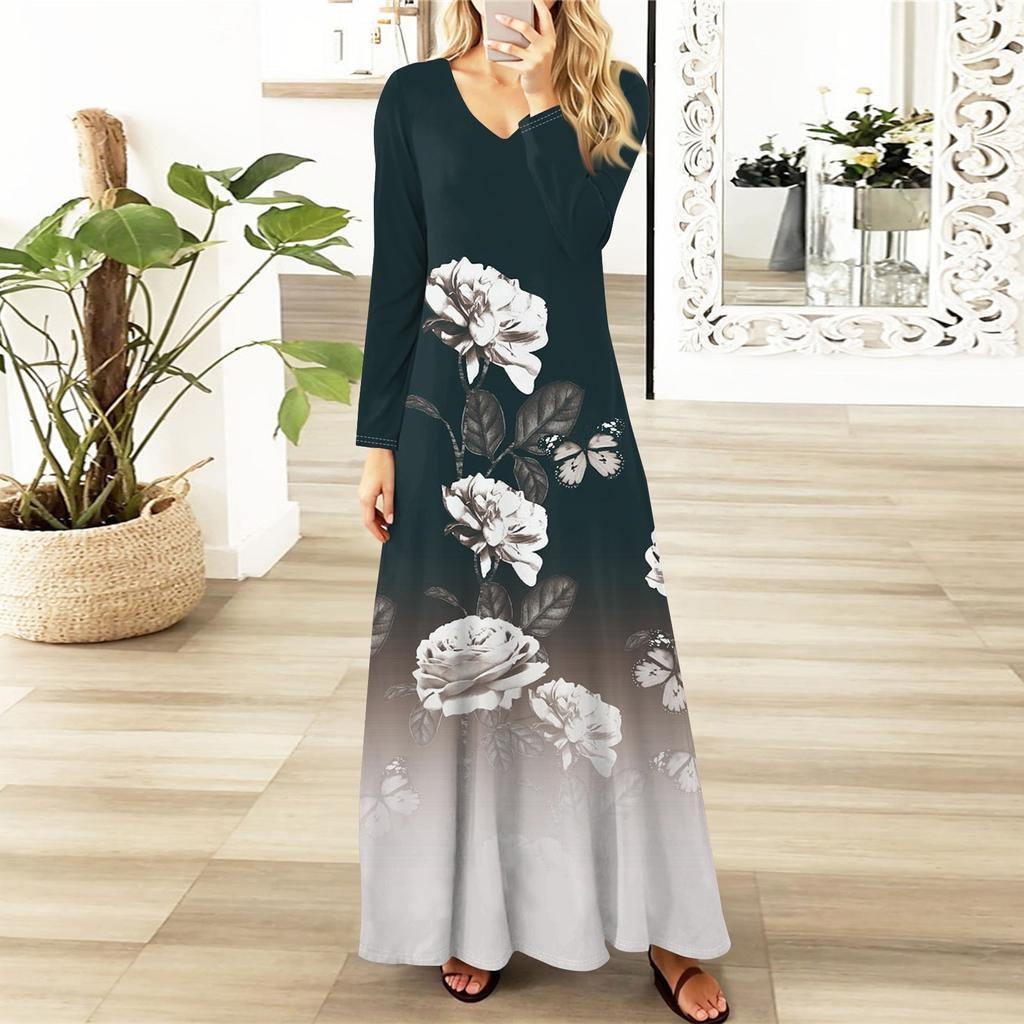 Womens Floral,Gradient Print Maxi Dresses Sexy Dresses Long Sleeve Elegant Fall Long Dresses Holiday Dresses for Women