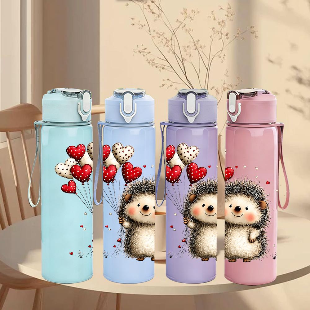 1PC Hedgehog Heart Balloon Graphic,750ml Color Plastic Sports Water Bottle,Leakproof Flip Straw Lid,Suitable for Sports Office Home Use