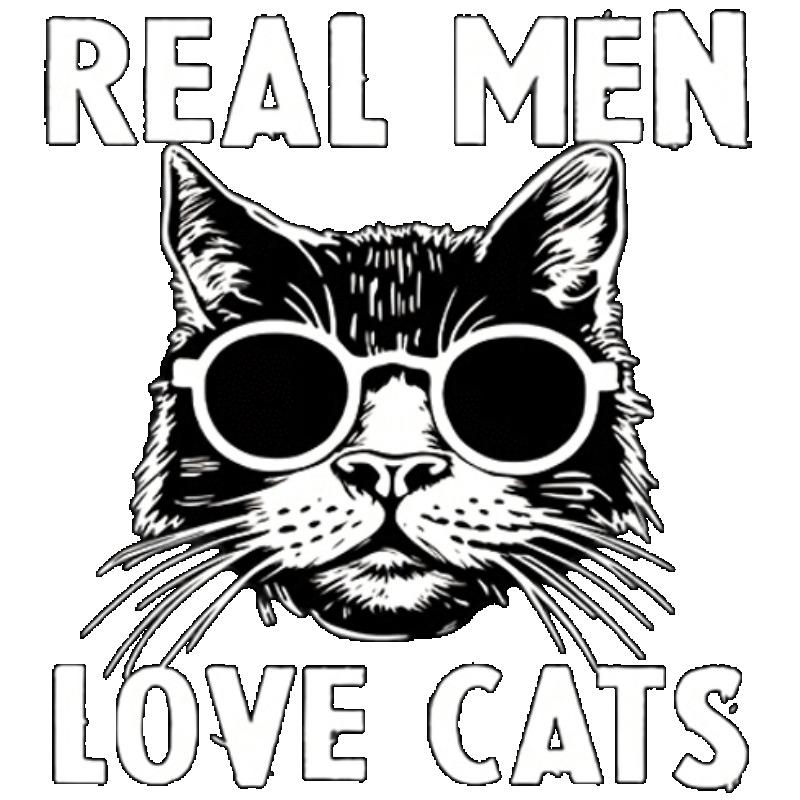 Мужская черная футболка с принтом кота и солнцезащитных очков. Графика "Настоящие мужчины любят кошек" для повседневной носки.