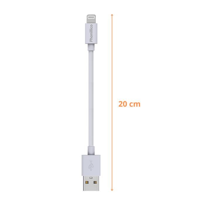 Lot 2 Cables 20cm USB Lightning Chargeur Blanc pour iPhone X/XS/XS MAX/XR/7/7 PLUS/8/8 PLUS/6/6S/6 PLUS/5/5S/SE/AirPods Phonillico