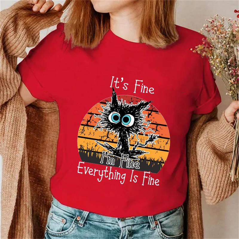 It's Fine, I'm Fine, все прекрасно, женские модные футболки с принтом, футболки с забавным принтом кота, женские футболки, женские футболки