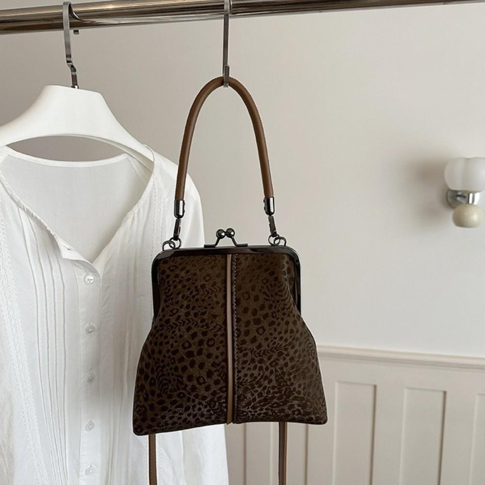 Large Capacity Kiss Lock Shoulder Bag Leopard Print Vintage Handbag Crossbody Bag Shopping