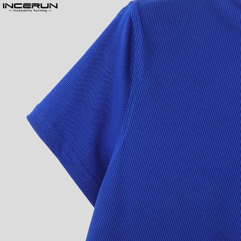 INCERUN Летние мужские повседневные футболки с воротником-стойкой и короткими рукавами с боковыми пуговицами в рубчик