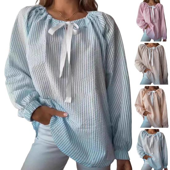 Женская рубашка с круглым вырезом, бантом, шнуровкой, длинным рукавом, полосатым принтом, свободный крой, для вечеринок, офиса, повседневной носки