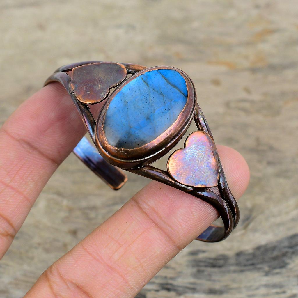 Браслет-манжета из лабрадорита, гальванопластированная медь, регулируемый браслет-бенгл, браслет из натурального драгоценного камня, браслет-манжета ручной работы, гальванопластированные украшения, подарки для него