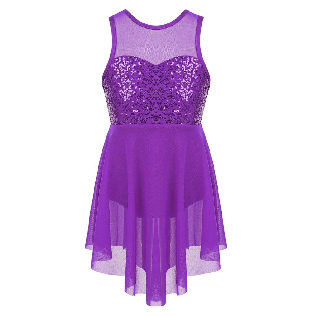 Kids Girls Lyrical Modern Contemporary Dance Costume Sequins Leotard Dance Dress