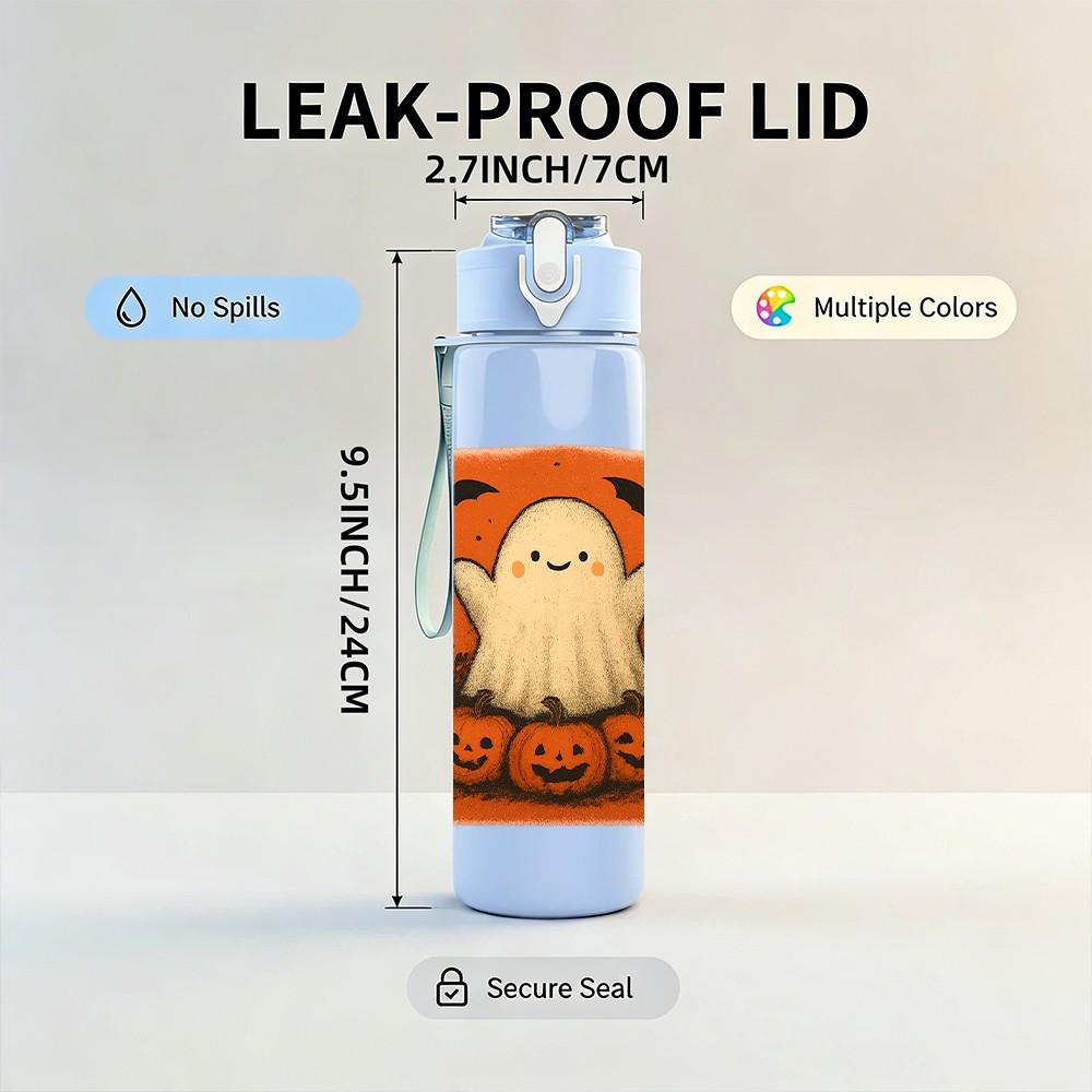 1PC Pumpkin Ghost Orange Print 750ml Color Plastic Sports Water Bottle Leakproof Flip Straw Lid Suitable for Sports Office Home Use