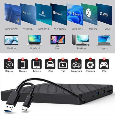 Внешний CD/DVD привод LJIAL для ноутбука, USB 3.0 CD-резак с 2 USB-портами и 2 слотами для карт TF/SD, DVD-плеер для ноутбука Mac PC