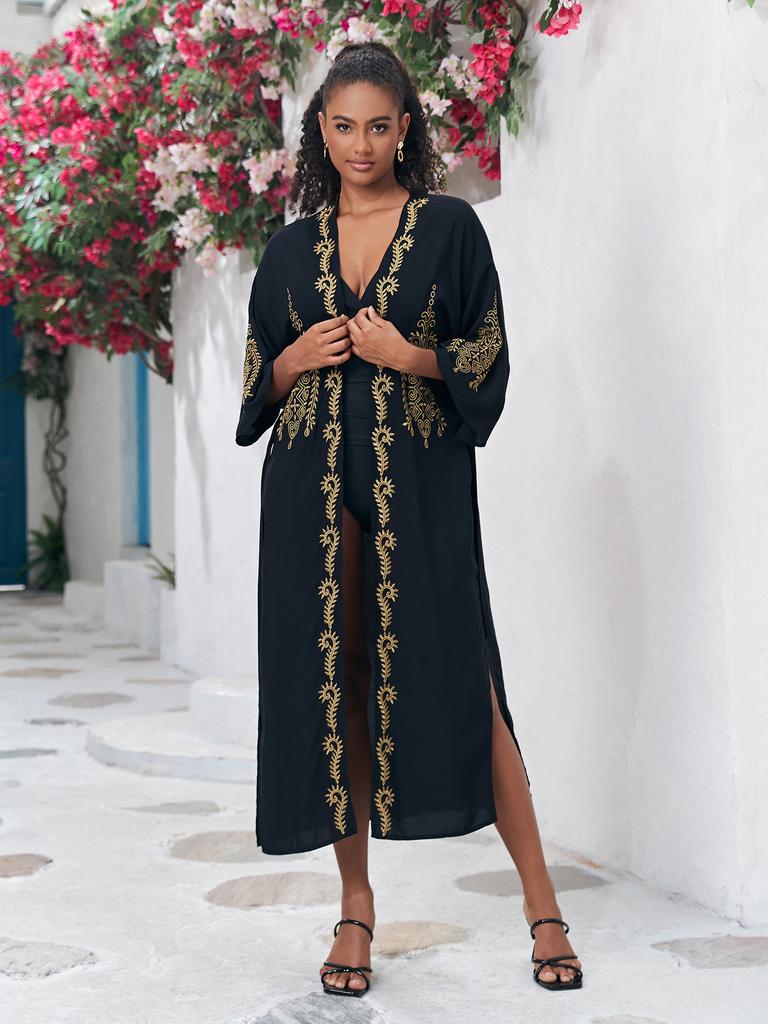 Beach Kimono Gold Embroidery Cover Ups for Swimwear Self Belted Swimsuit Cape Wrap Dresses Holiday Bathing Suits