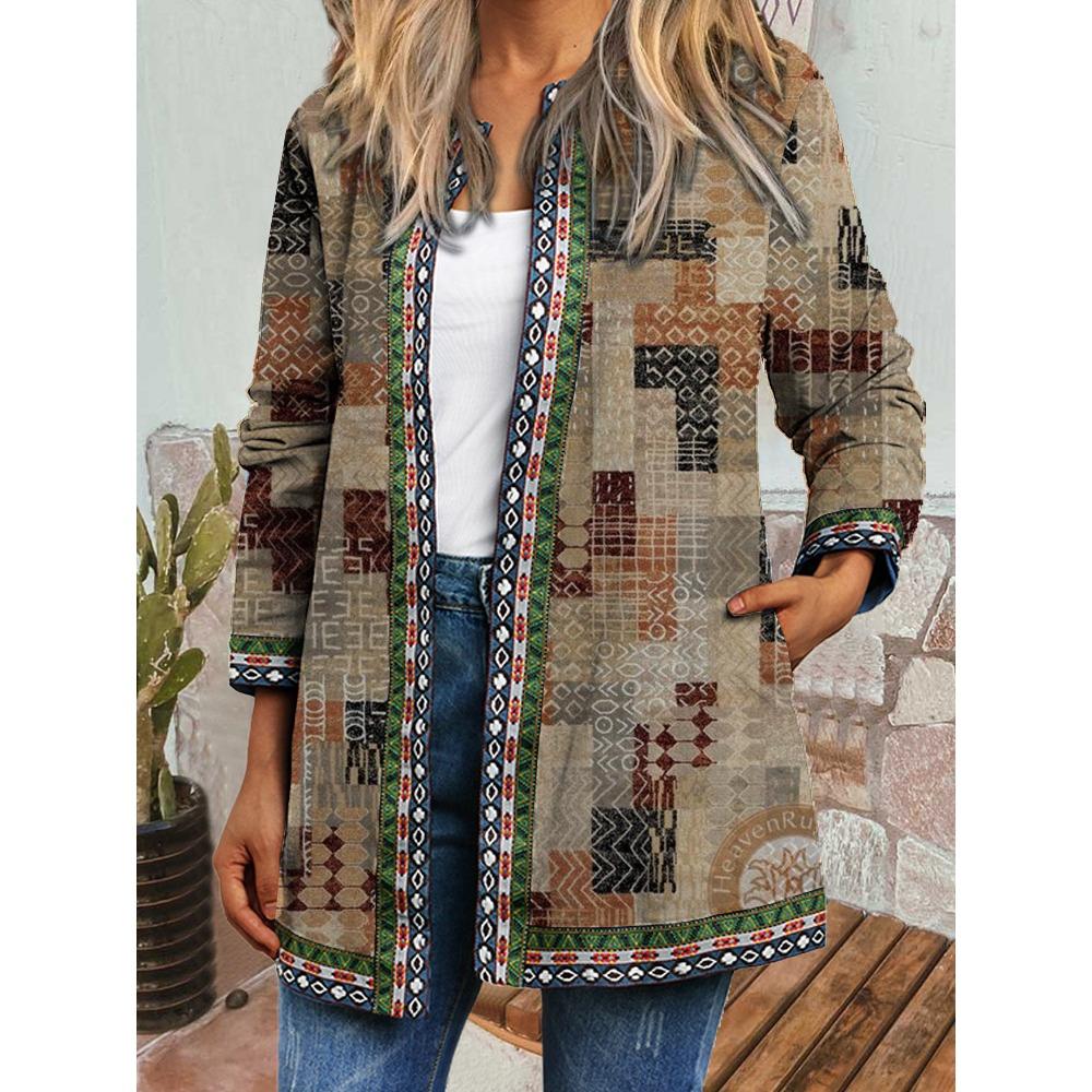 GMXIA Осень-зима винтажный этнический стиль принт большой размер куртка кардиган женская одежда
