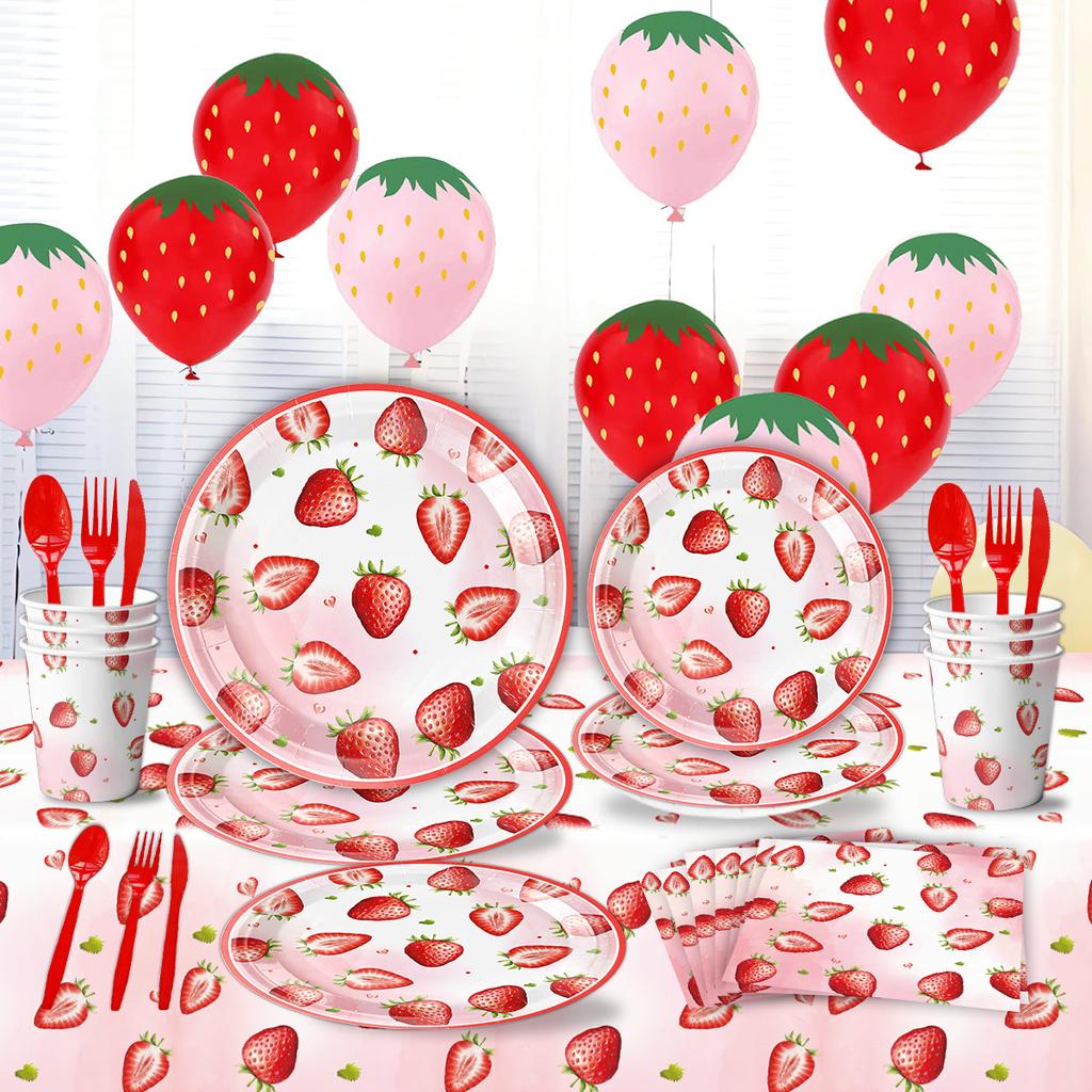Strawberry Theme Party Paper Plate Balloon Picnic Plate Cake Plate Children'S Birthday Party Dessert Counter Decorative Cutlery