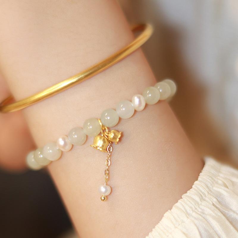 Wind Chime Lily of the Valley Bracelet, Clear Water Green Hotan Jade Bracelet, Natural Qinghai Jade Birthday Gift Bracelet