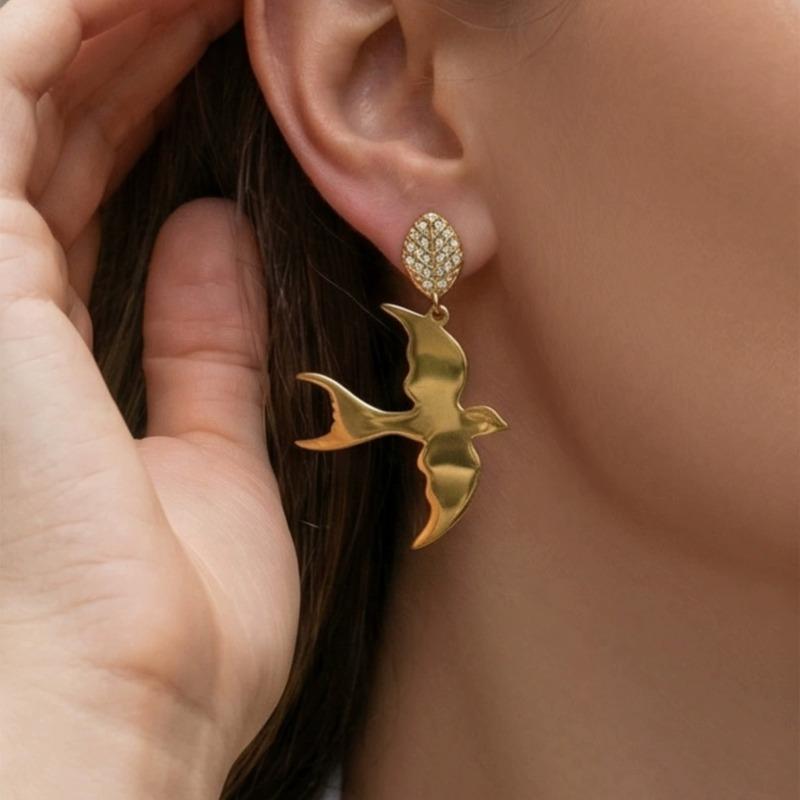 Pendientes de acero inoxidable con diseño de golondrina y circonitas para mujer estilo elegante