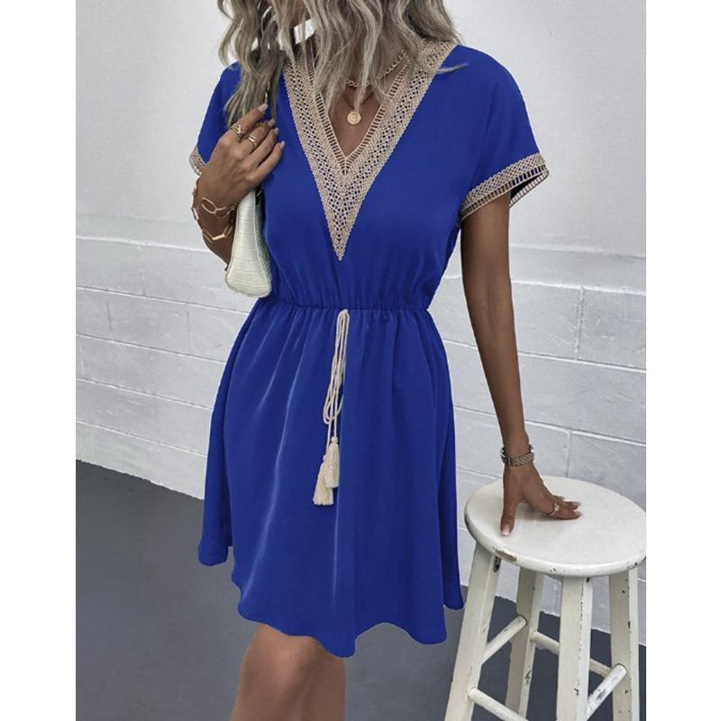Women Vintage Mini Dresses 2023 Summer Fashion Solid V Neck Loose Lace Up Dress Female Casual Short Sleeve Beach Dress Vestidos