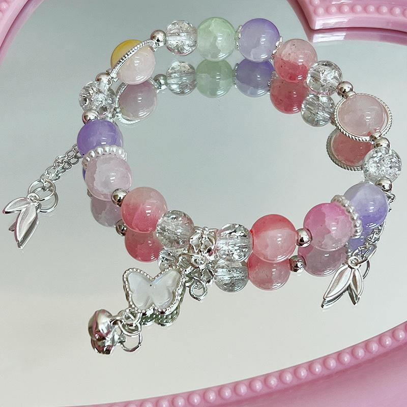 Корейский розовый кристальный браслет с подвеской в виде цветов и бабочки из бисера для женщин, милый браслет-цепочка из бусин, ювелирные изделия в подарок для девушки