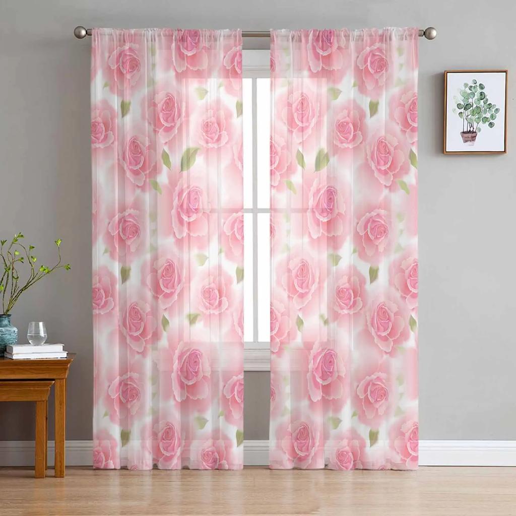 Flowers Butterfly Rose Tulle Translucent Drapes for Living Room Decoration Window Curtain ideal for Bedroom Kitchen Area Voile Organza Curtains