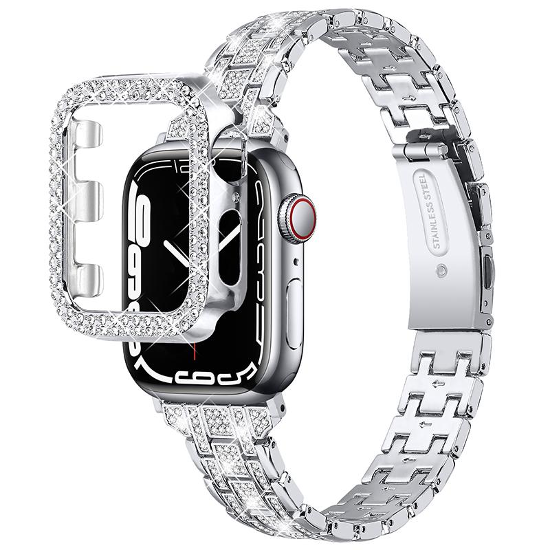 For Apple Watch Series 7 41mm 5 Rows Stainless Steel Rhinestone Decor Dual-layer Clasp Watch Band+PC Watch Case